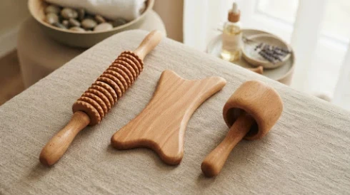 A wooden ridged roller, sculpting board, and Swedish cup on a towel
